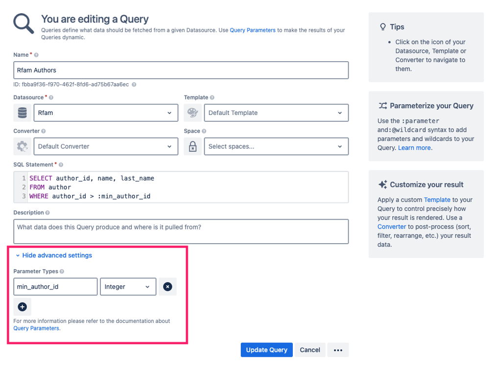 Query advanced settings