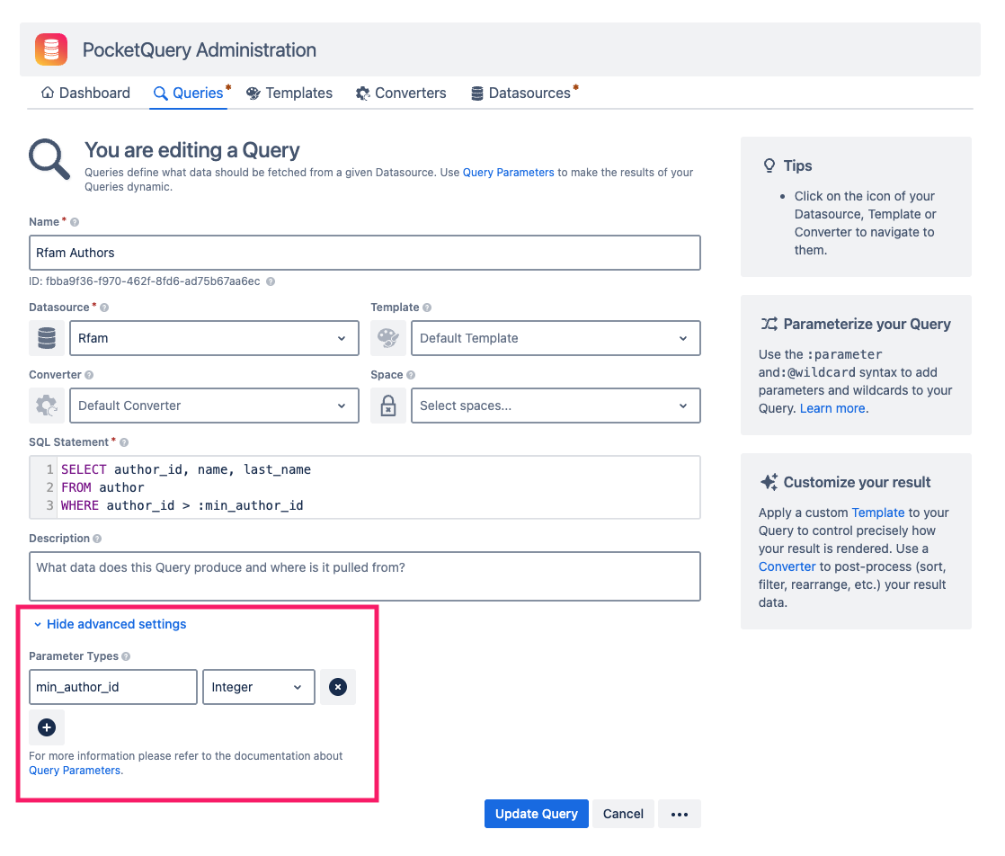 Query advanced settings