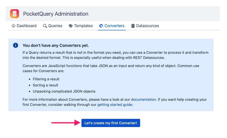 Converters tab in the PocketQuery administration