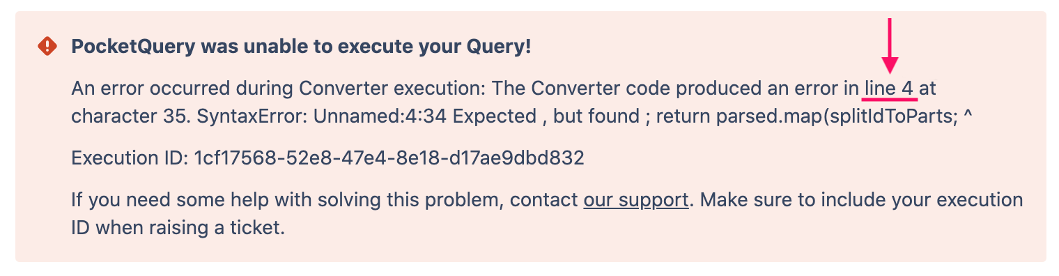 PocketQuery error message with description of the problem