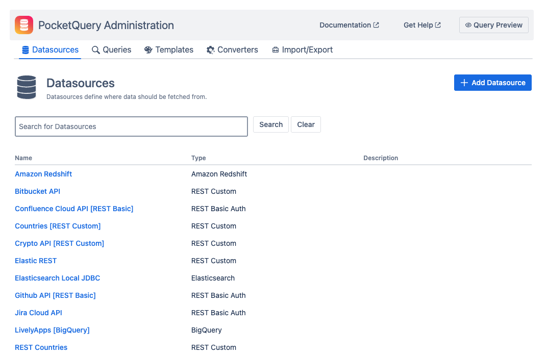 Screen of list of Datasources in the PocketQuery Administration