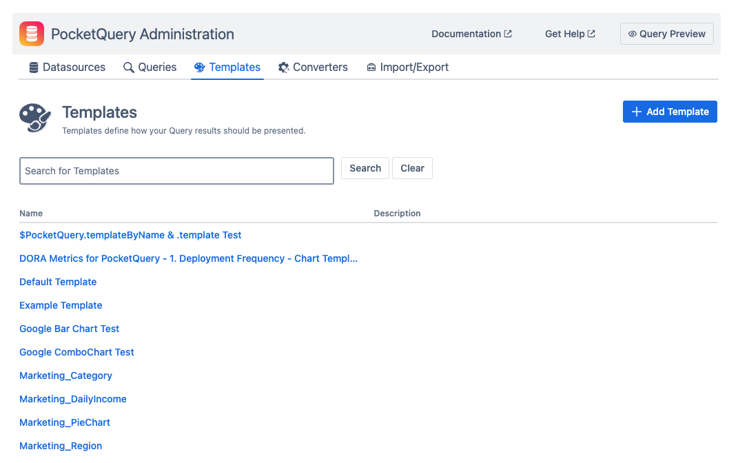 Screen of list of Templates in the PocketQuery Administration