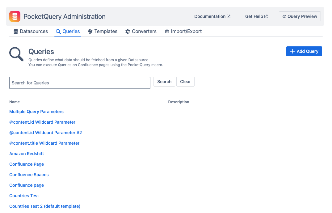 Screen of list of Queries in the PocketQuery Administration