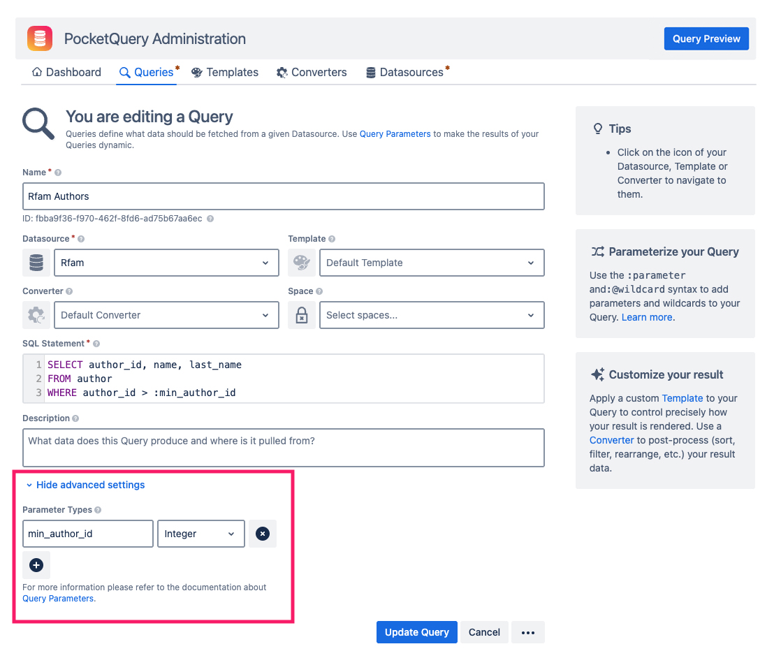 Advanced Query settings