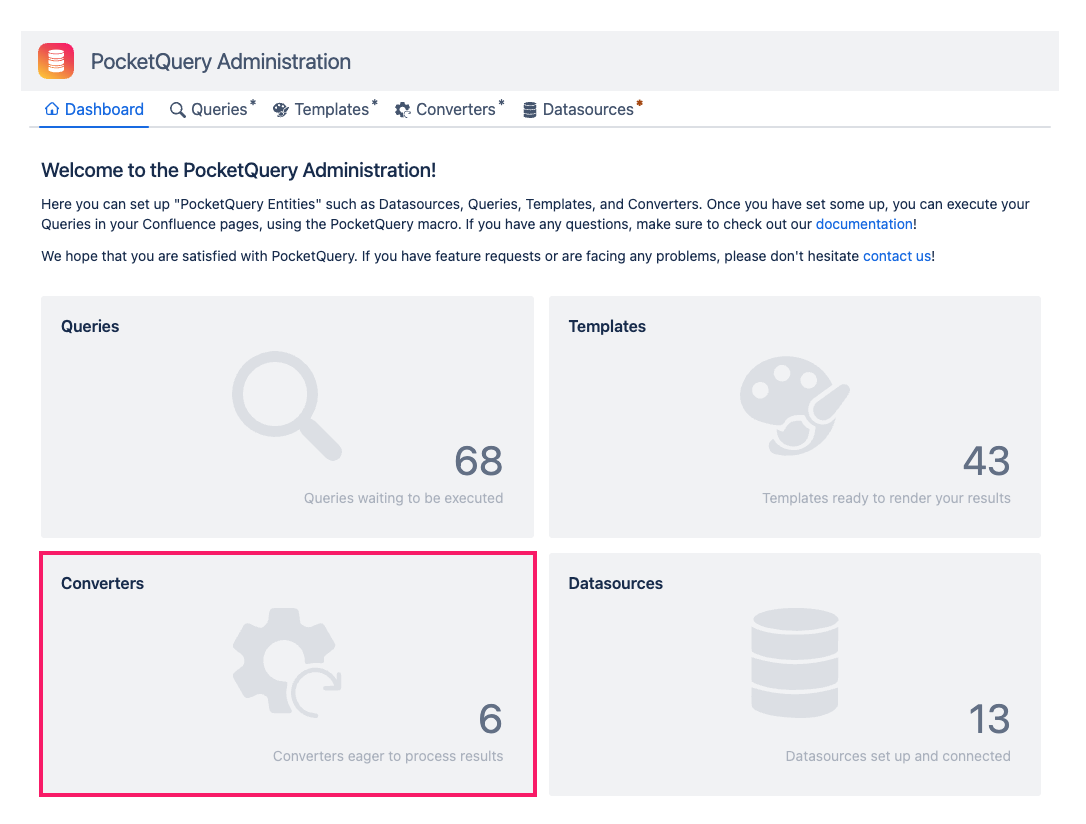 Converters panel in the PocketQuery administration