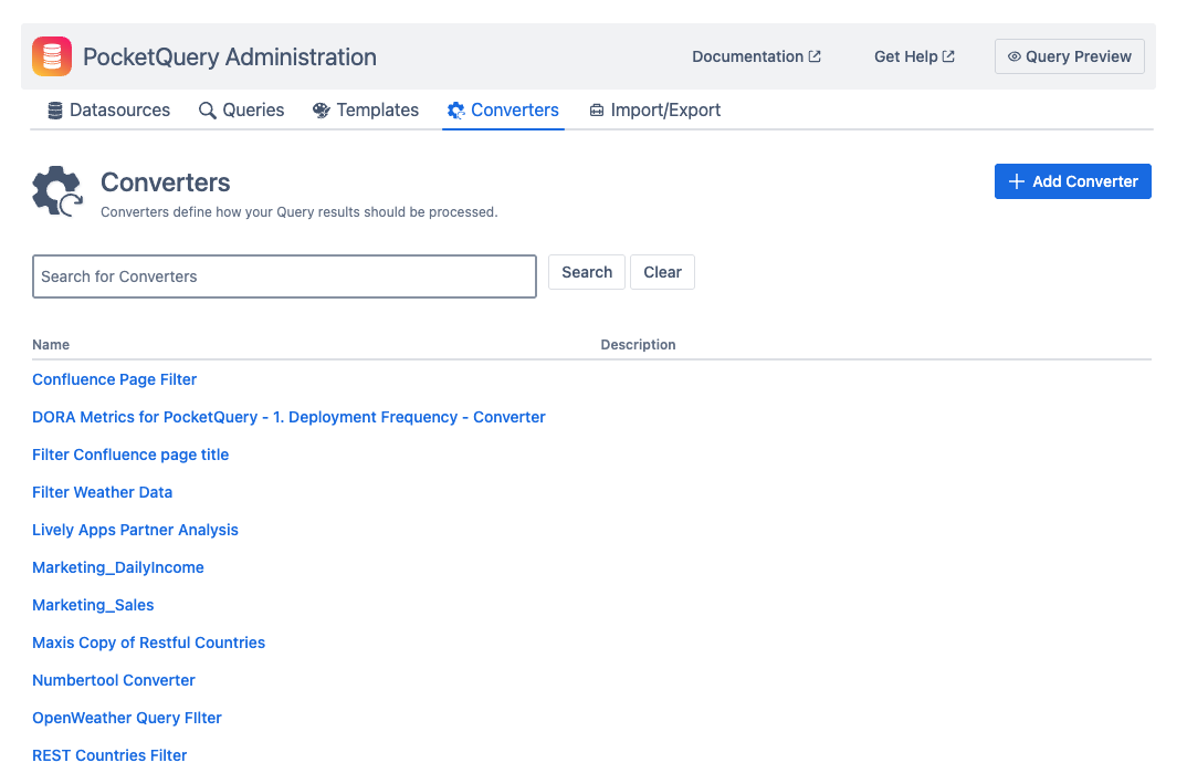 Screen of list of Converters in the PocketQuery Administration