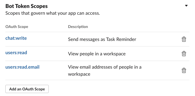 Bot Token Scopes in Slack settings