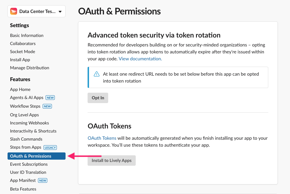 Slack OAuth and Permissions settings
