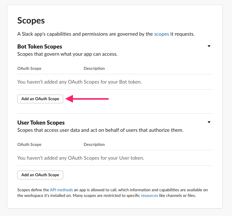 Bot Token Scopes in Slack settings
