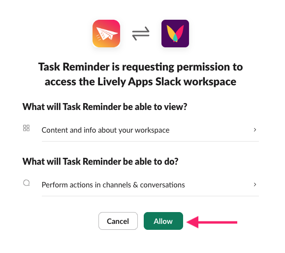 Slack settings requesting permissions window