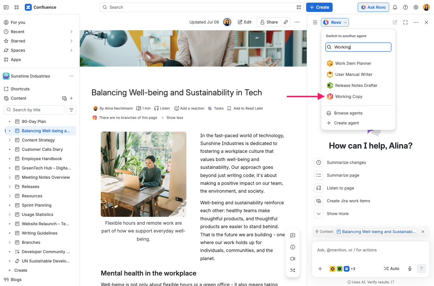 Screenshot of Ask Rovo screen in Confluence showing the Working Copy agent