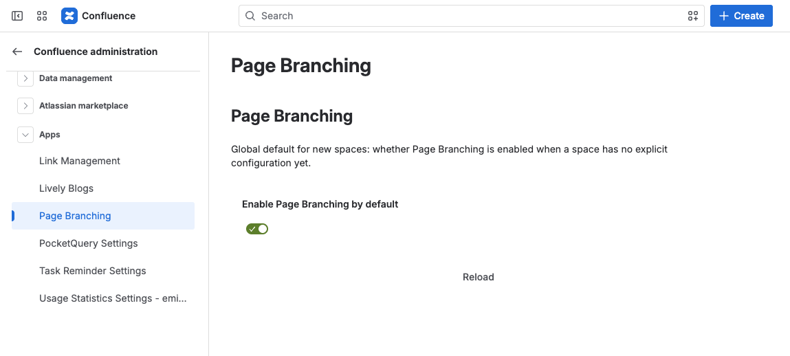 Screenshot of Page Branching global settings