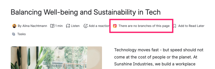 Screenshot of Confluence page with Page Branching byline item