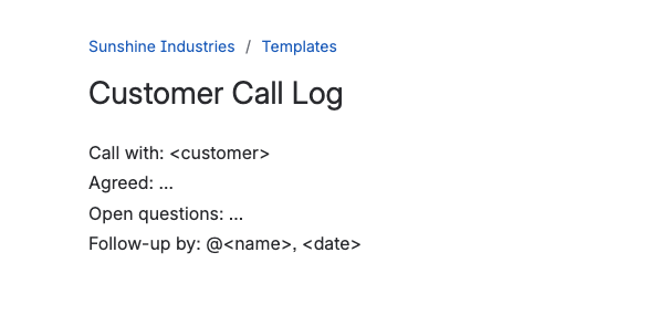 Screenshot of a page template for Customer Call Logs