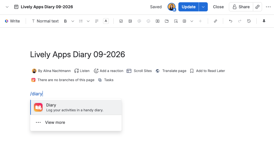Screenshot of Confluence page with open macro browser showing Diary