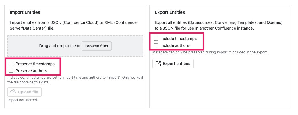 Screen of PocketQuery ImportExport page with checkboxes for metadata