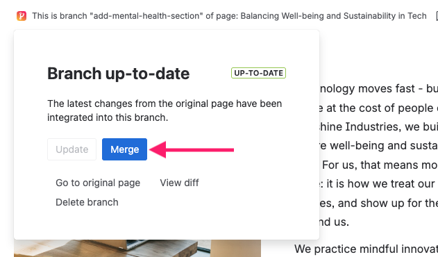 Screenshot of Page Branching Modal with Merge Button