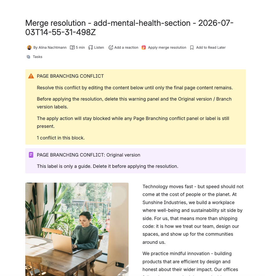 Screenshot of Page Branching Merge Resolution page