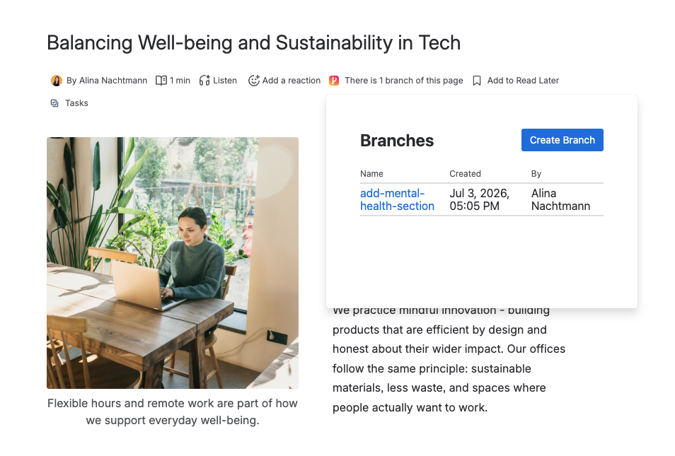Screenshot of a Confluence page with opened Page Branching modal, showing all related Branches