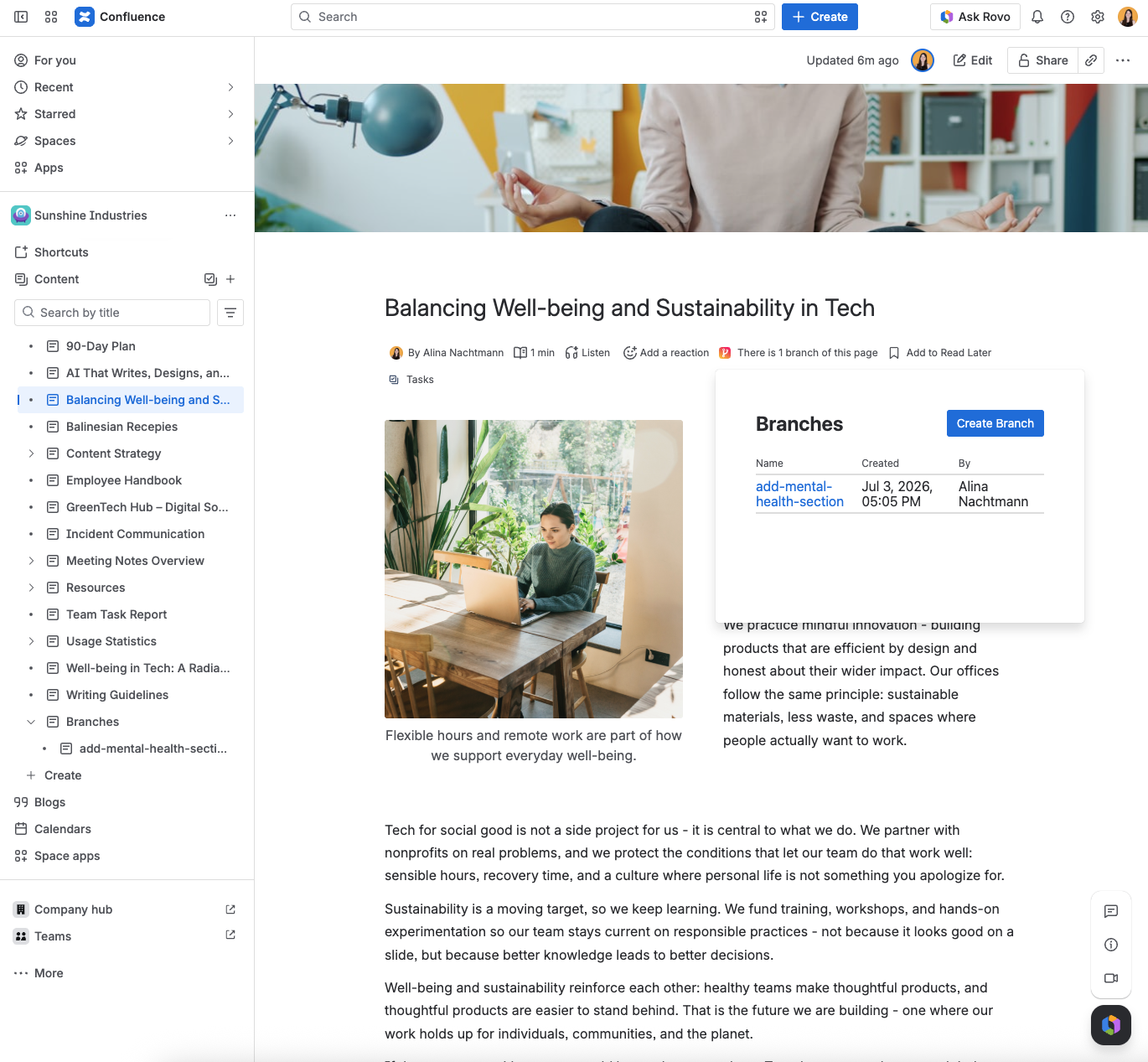 Screenshot of Confluence page with branches