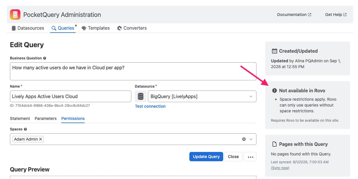 Screenshot of PocketQuery Administration with sidebar showing Rovo availability