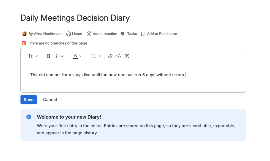  the open editor with a sentence or two typed into it, the toolbar above, and the app's Save and Cancel buttons below the editor frame.