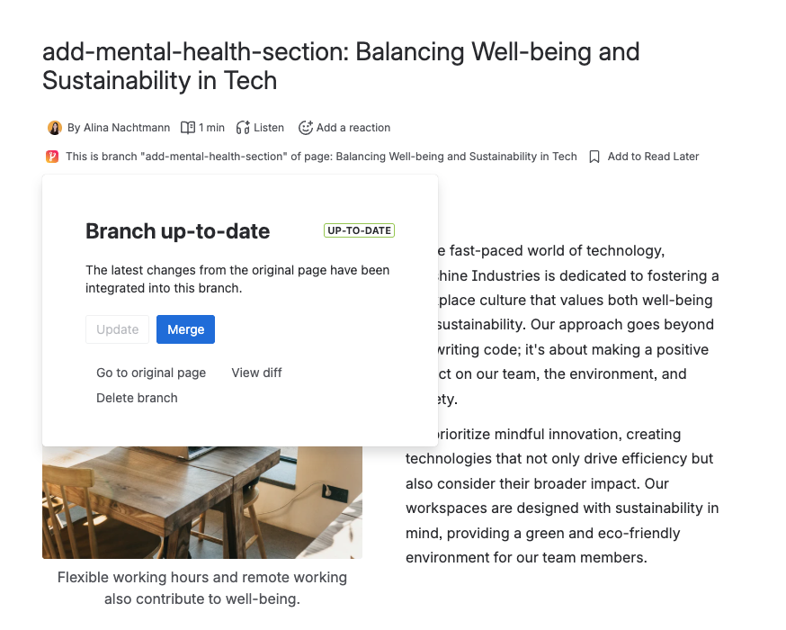 Screenshot of Confluence Page with open Page Branching modal showing the Branch status