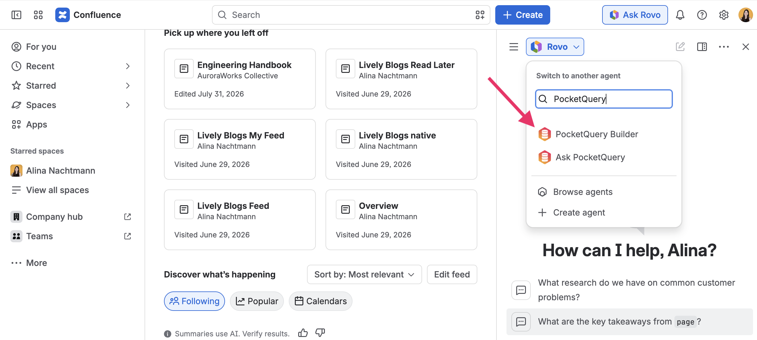 Screenshot of Rovo Chat with PocketQuery Builder highlighted
