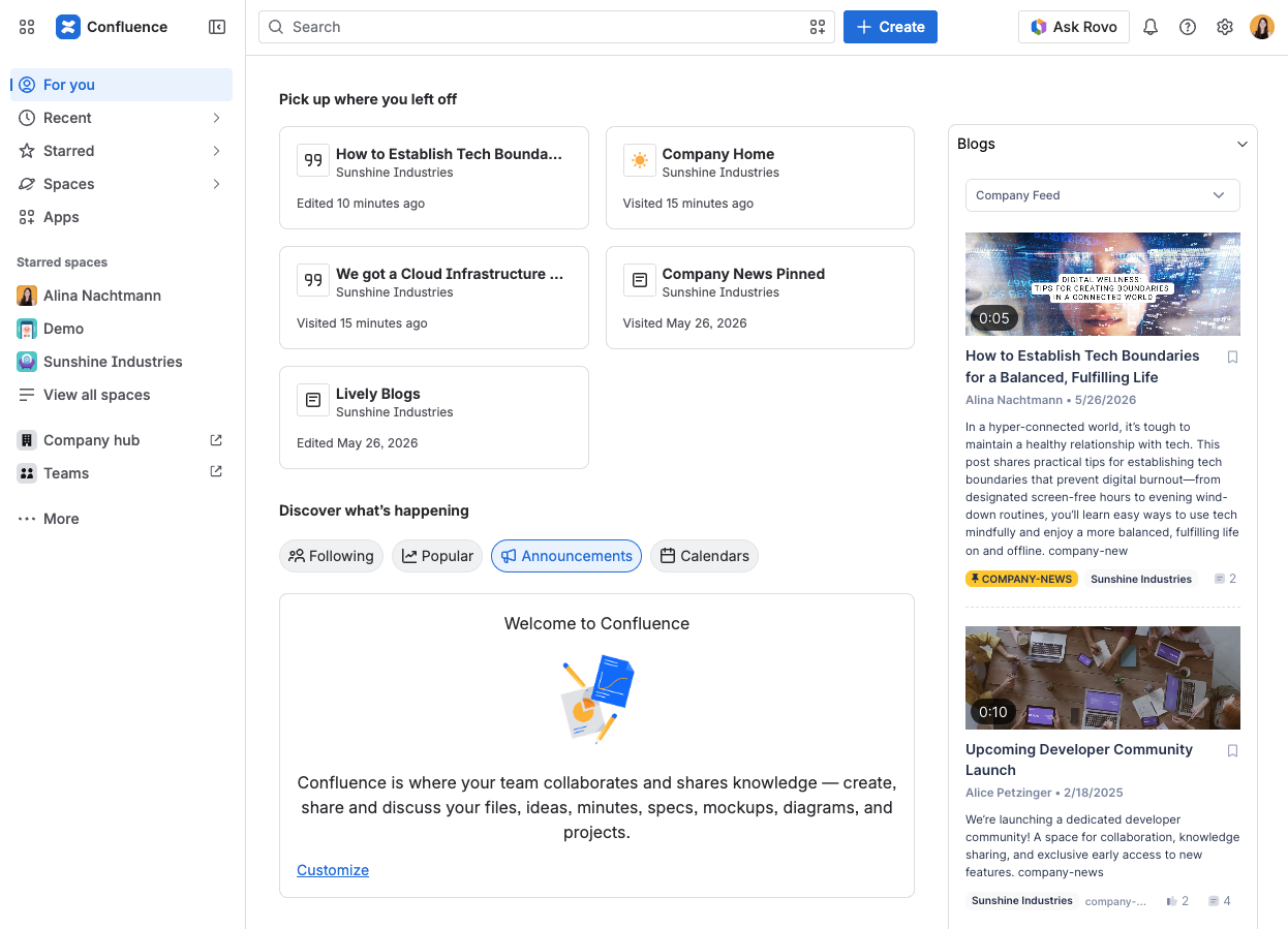 Screenshot of Confluence home with Lively Blogs feed displayed