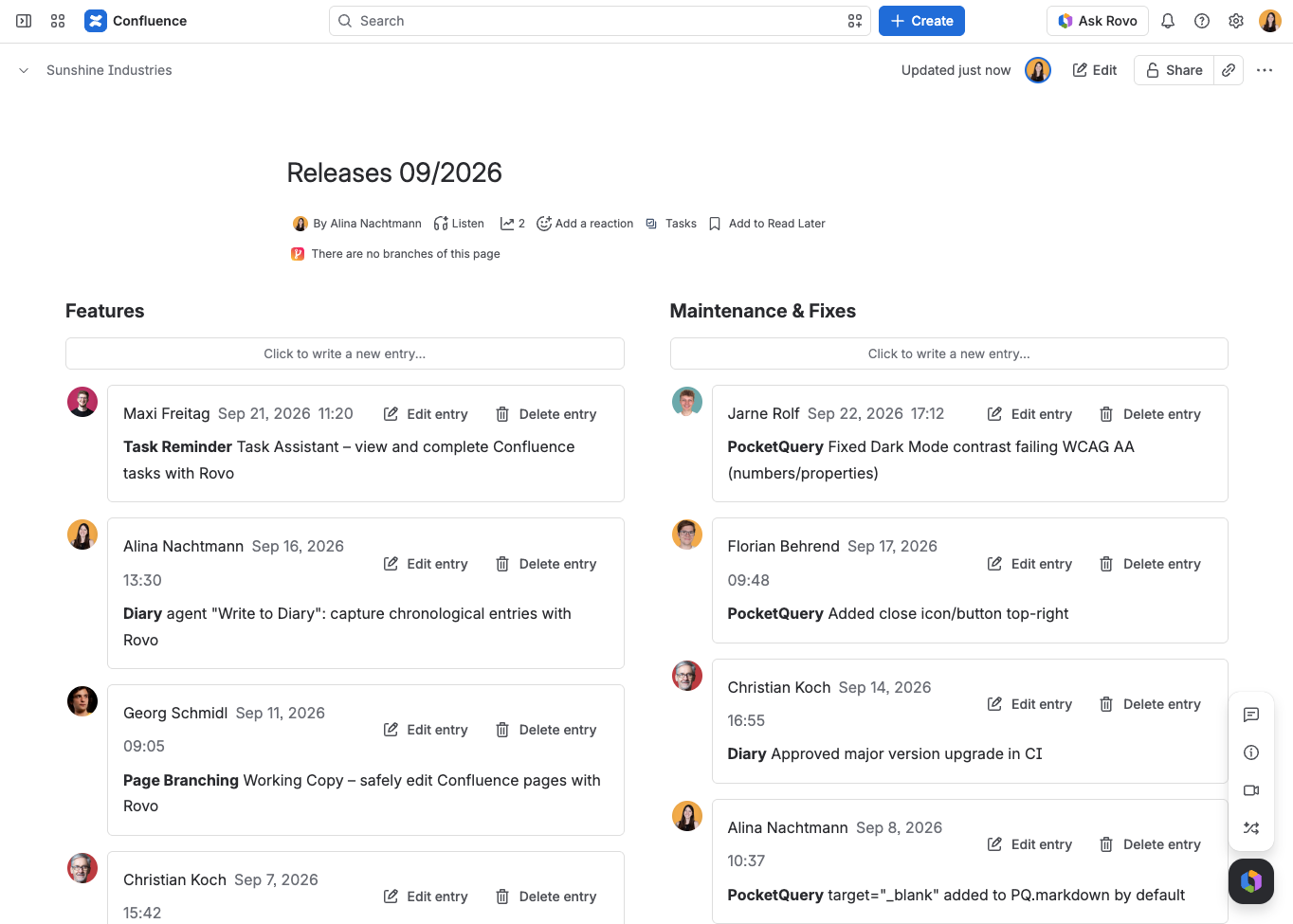 One Confluence page in view mode with two Diary macros on it.