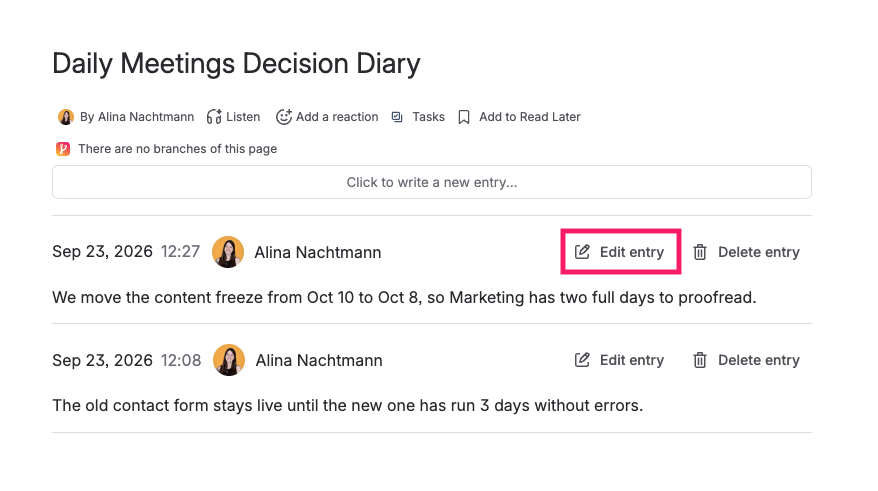 Screenshot of Diary with highlighted Edit entry button