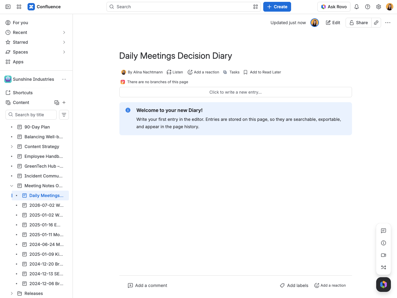 Confluence page in view mode - an empty Diary showing the welcome message and the Click to write a new entry prompt above it