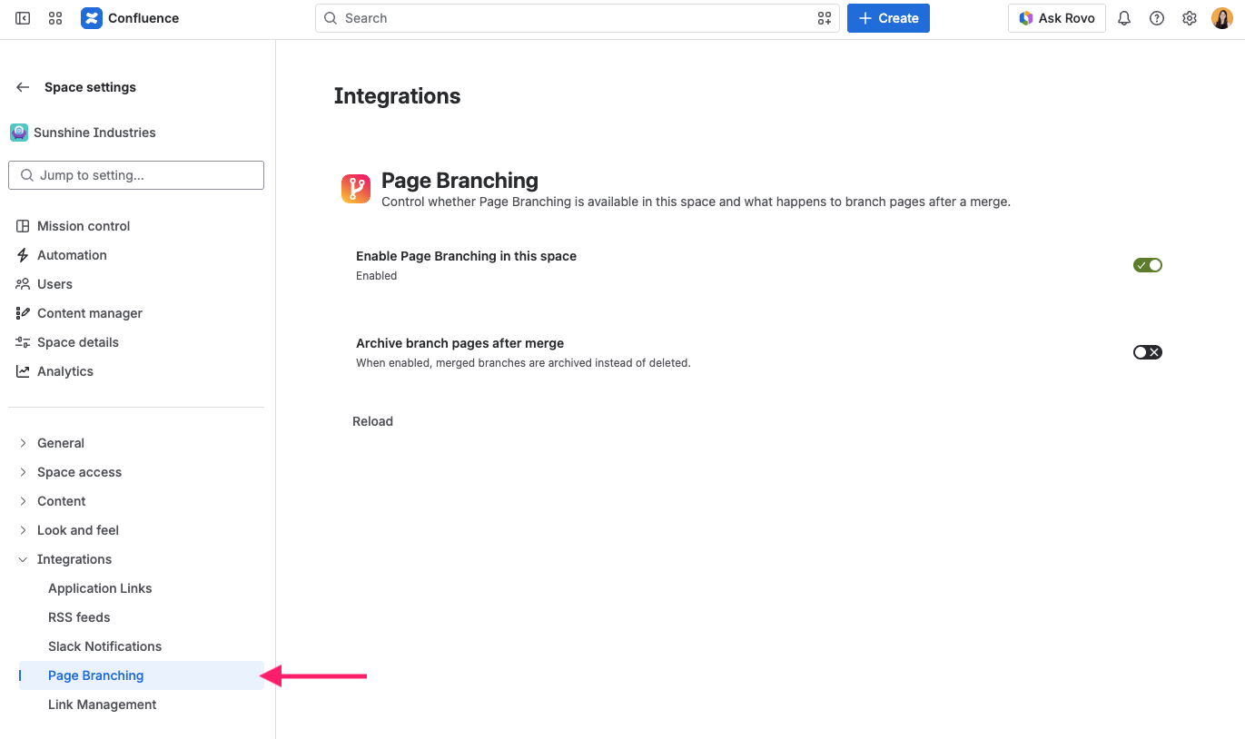 Page Branching space settings page with the Enable toggle on and the After merge option set to Archive.
