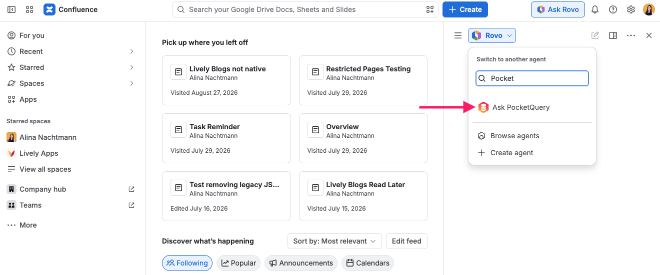 Screenshot of Confluence home with active Rovo Chat showing Ask PocketQuery agent