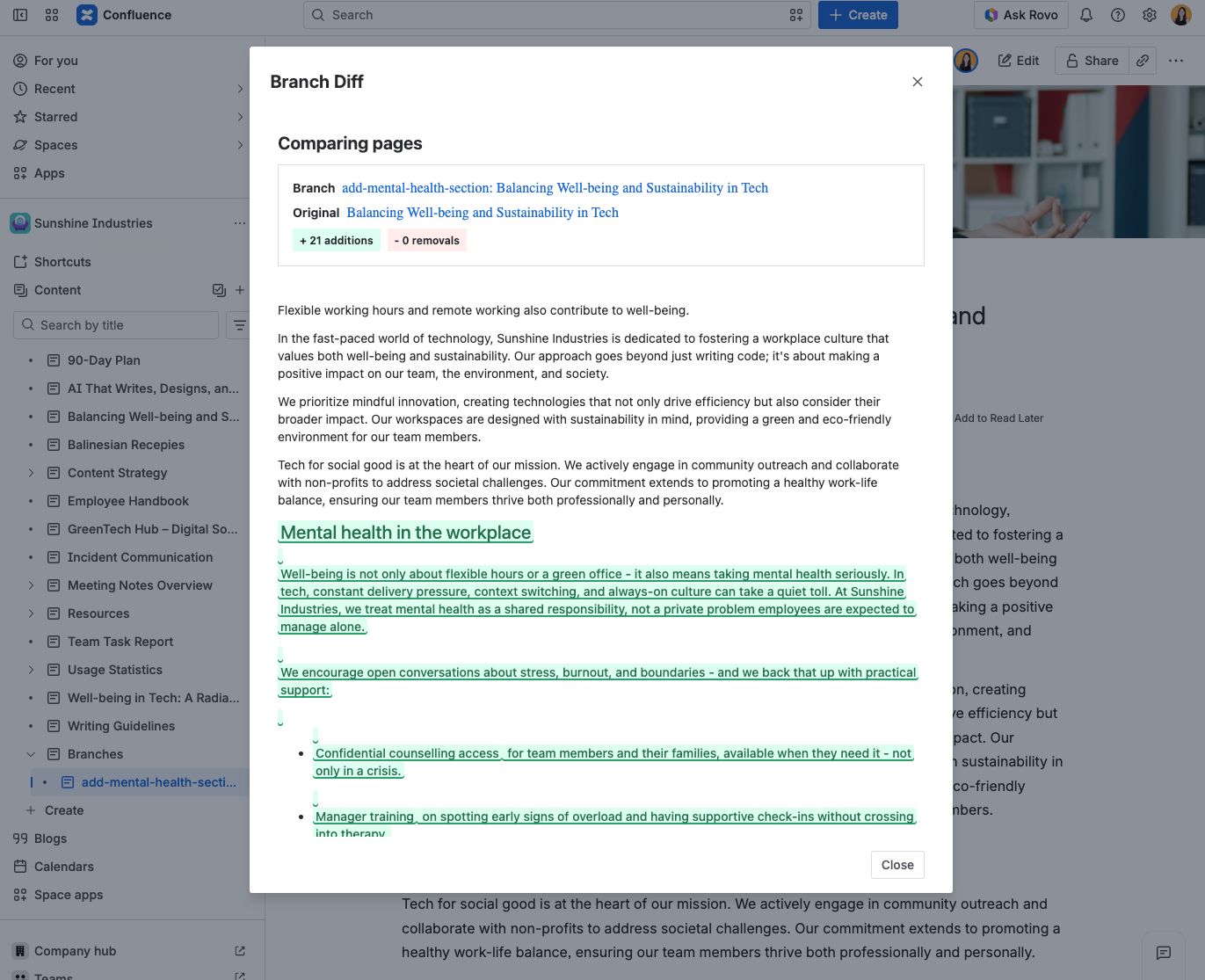 The diff modal showing a branch with several added paragraphs (green)