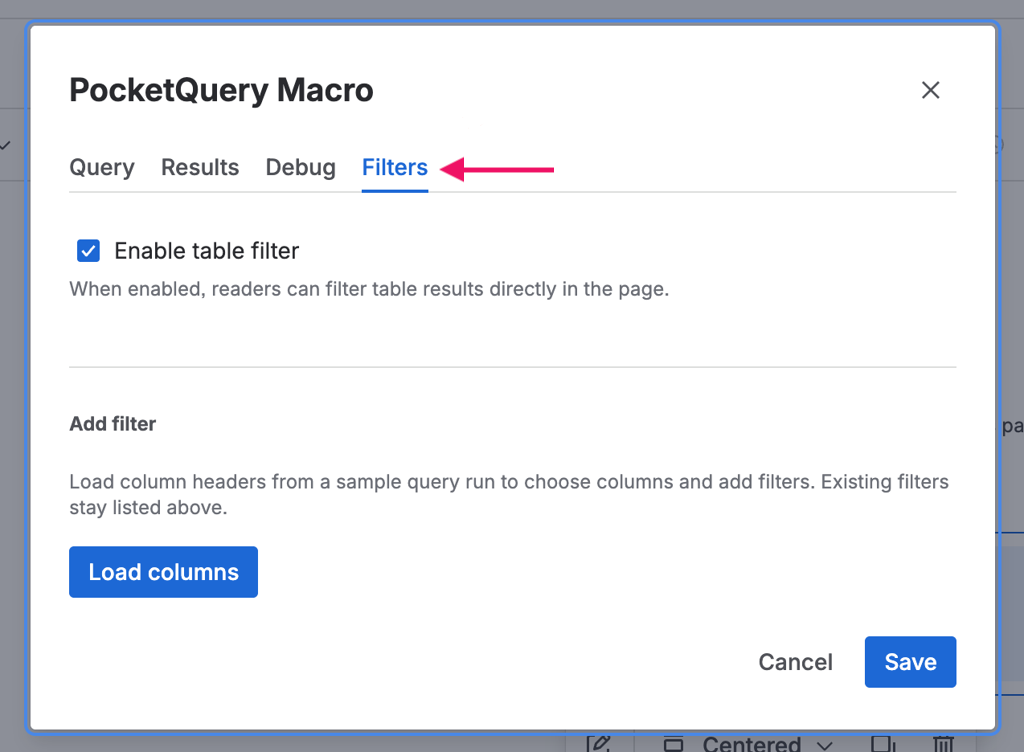 Screenshot of PocketQuery Macro settings with Filters tab