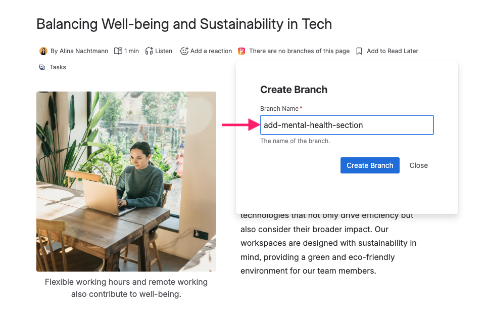 Screenshot of Confluence page with Page Branching modal and entered Branch Name