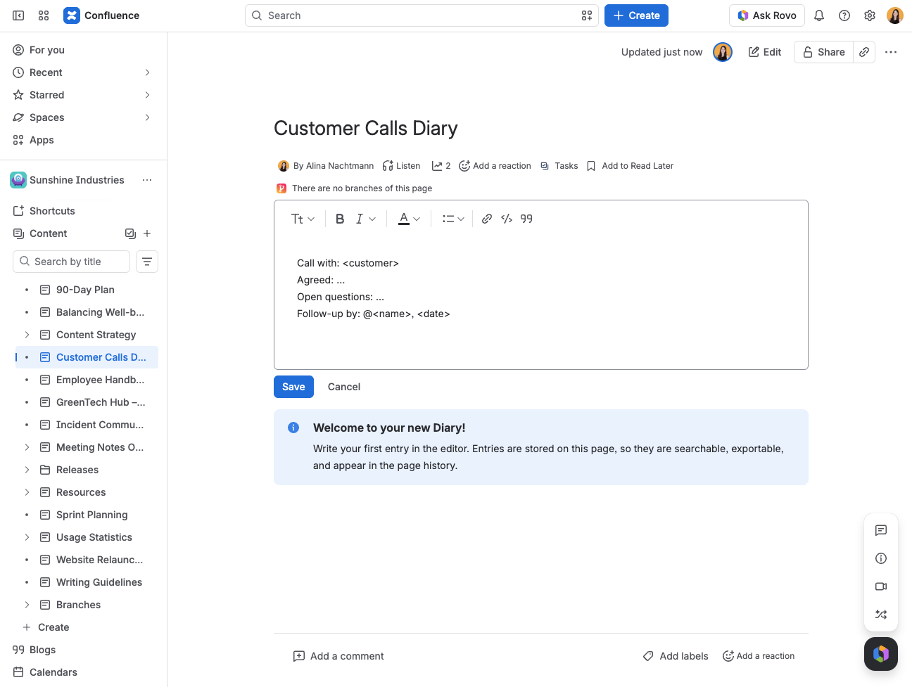 Screenshot of Diary using this template in the entry editor