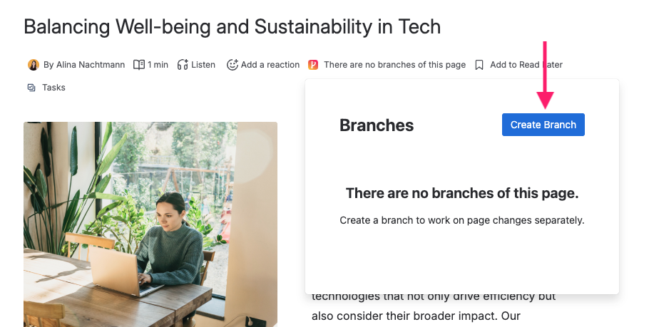 Screenshot of Confluence page with open Page Branching modal