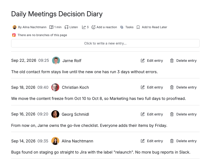 Screenshot of Diary entries in simple style