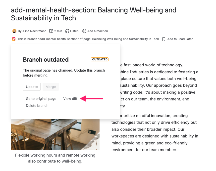 The Page Branching byline on a branch page with the actions menu open and Diff highlighted.