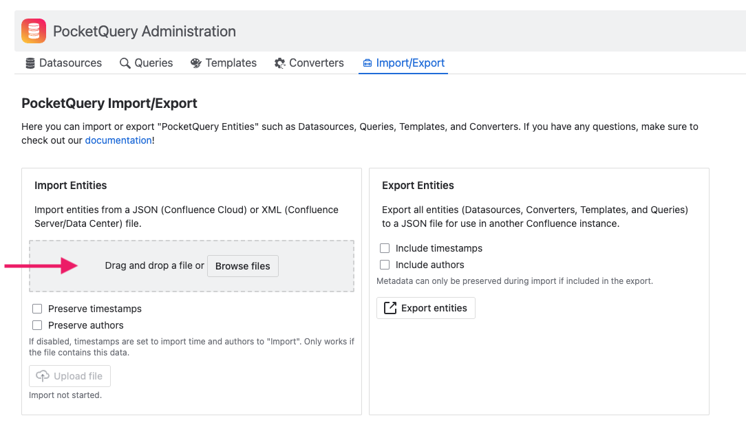Screen of PocketQuery Import Export page