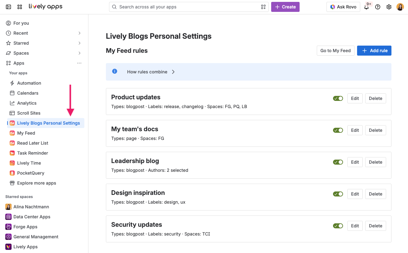 Screenshot of Lively Blogs Personal Settings with active rules