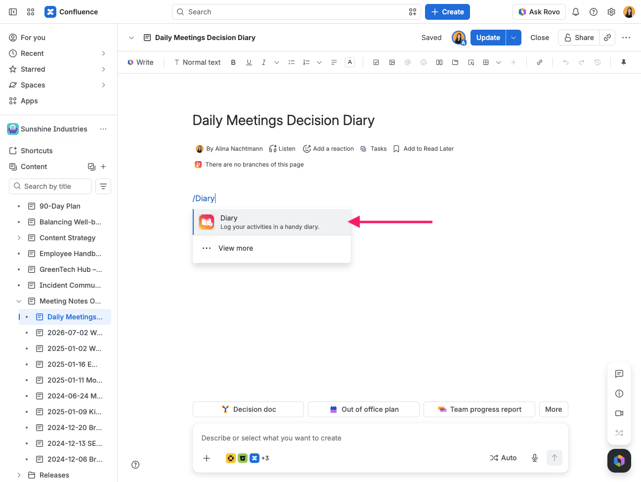 Screenshot of Confluence page showing open macro browser with highlighted Diary entry