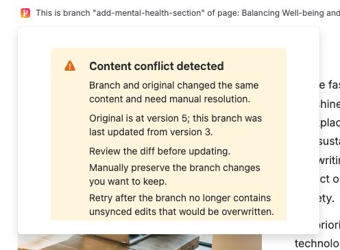 Page Branching shown 'Content conflict detected' warning