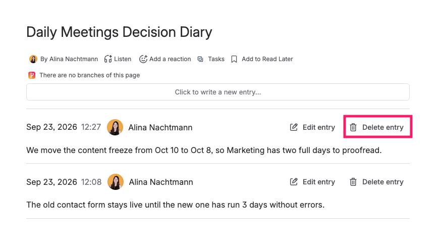 Screenshot of Diary with highlighted Delete entry button