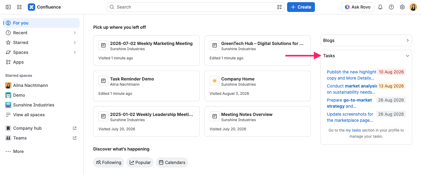 Screenshot of Confluence home with Tasks panel