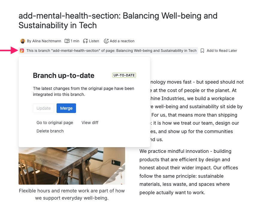 Screenshot of Confluence page with Page Branching byline saying 'This is branch of page...'