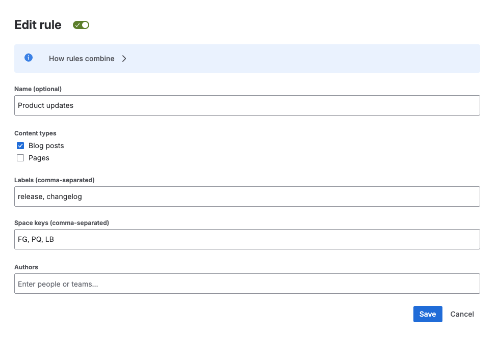 Screenshot of editing a rule with fields for Content types, labels, space keys and authors