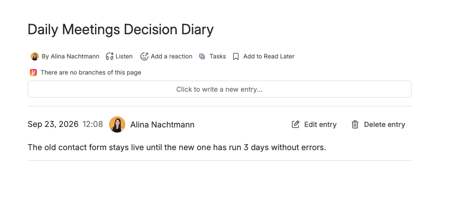 The saved entry in view mode, with its date, time, and author name clearly readable, and the Edit entry and Delete entry buttons visible on it.